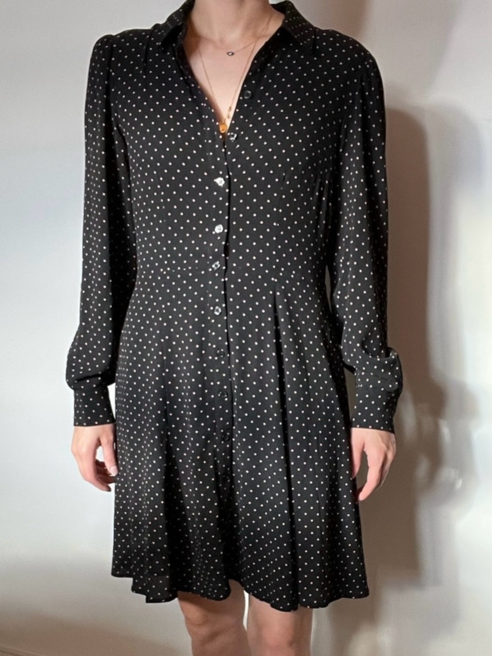 H&M Black Polka Dot Button-Front Long-Sleeve Dress
